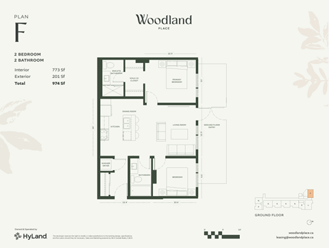 Floor plan for 2 beds, 2 baths, 773 sqft